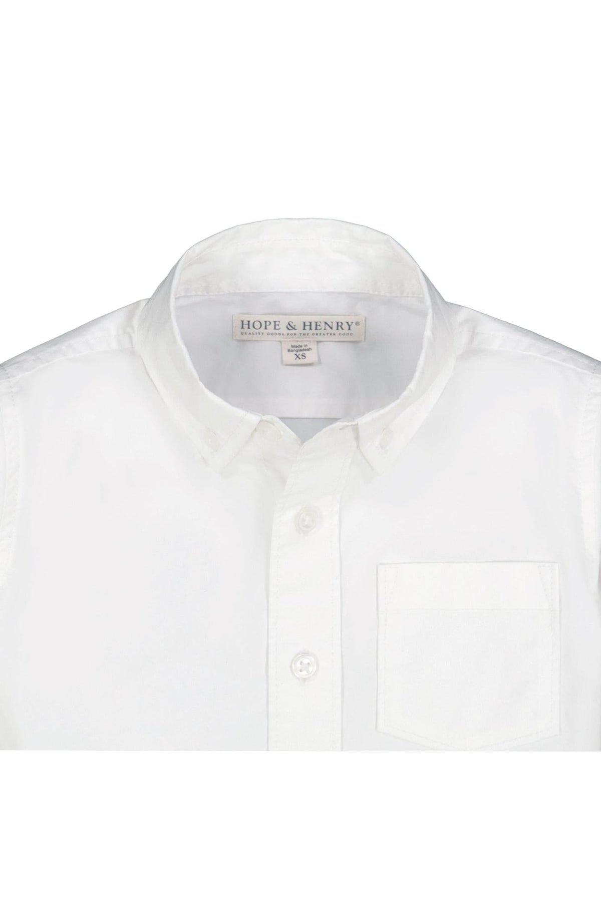 A close-up of a white button-down shirt by Hope & Henry features a classic collar and a single chest pocket, made from soft, breathable organic cotton suitable for boys.