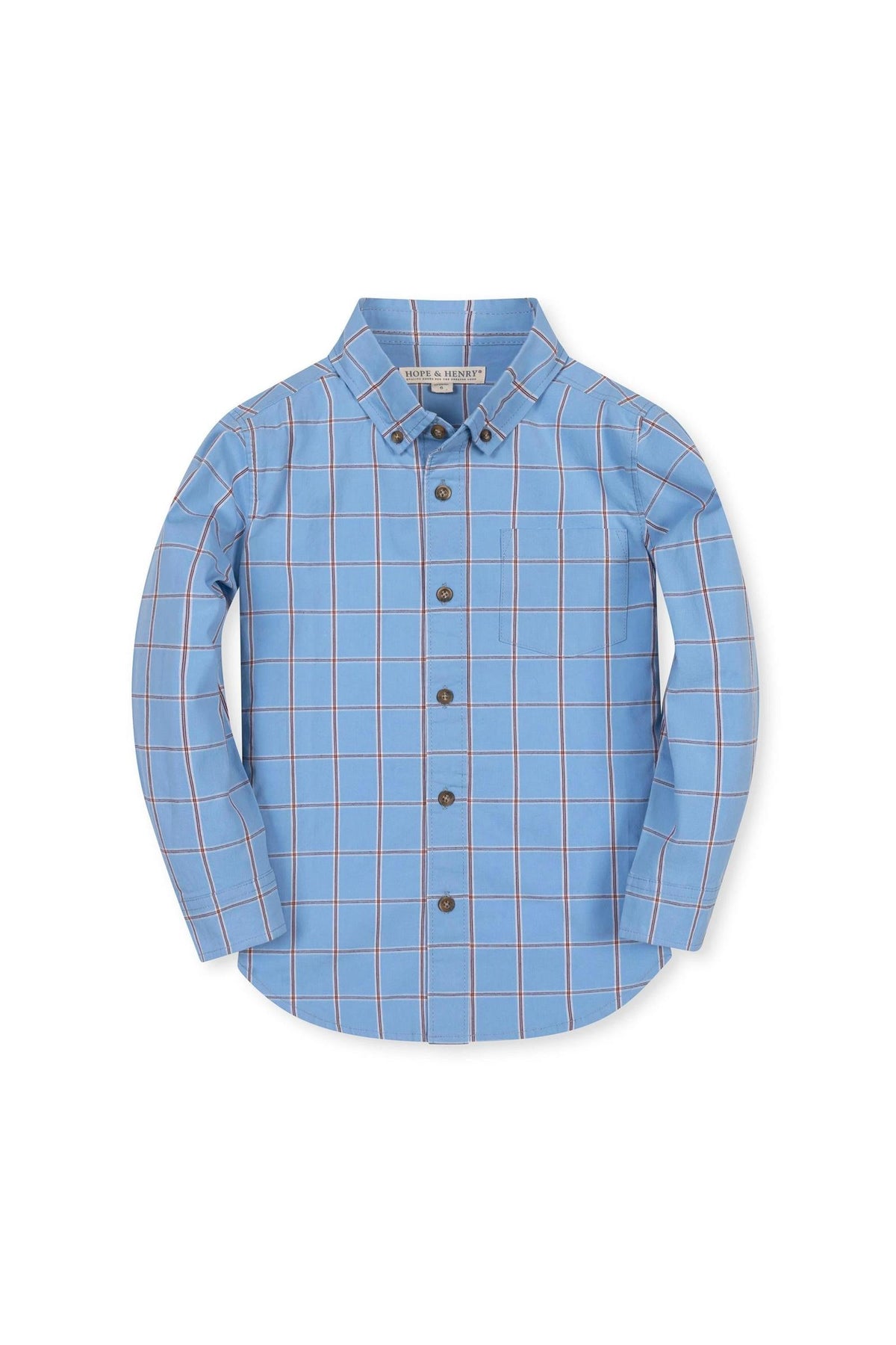 A long-sleeve button-down shirt in a blueberry plaid pattern, featuring a soft organic cotton fabric with a hint of stretch. It includes a functional chest pocket and classic collar design.