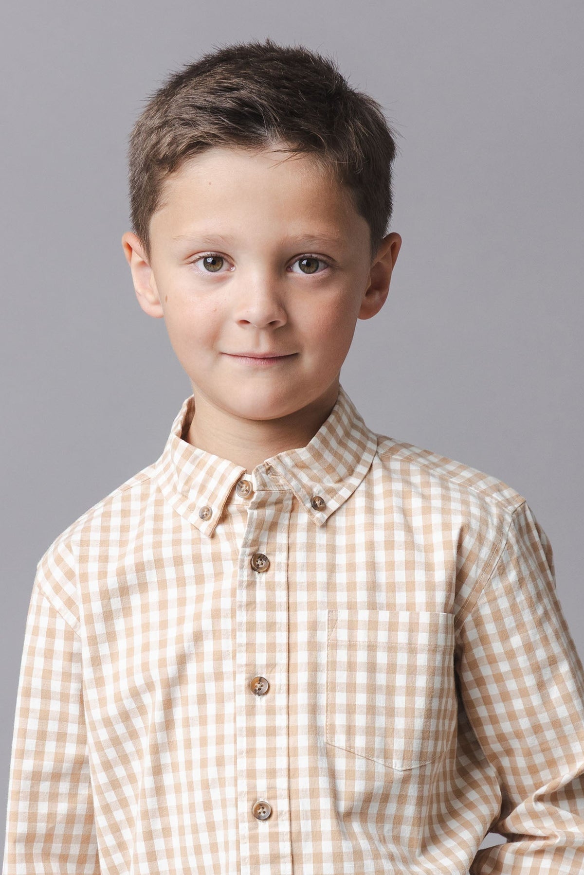 Organic Cotton Stretch Poplin Shirt, Tan Gingham, Sizes 2T-18