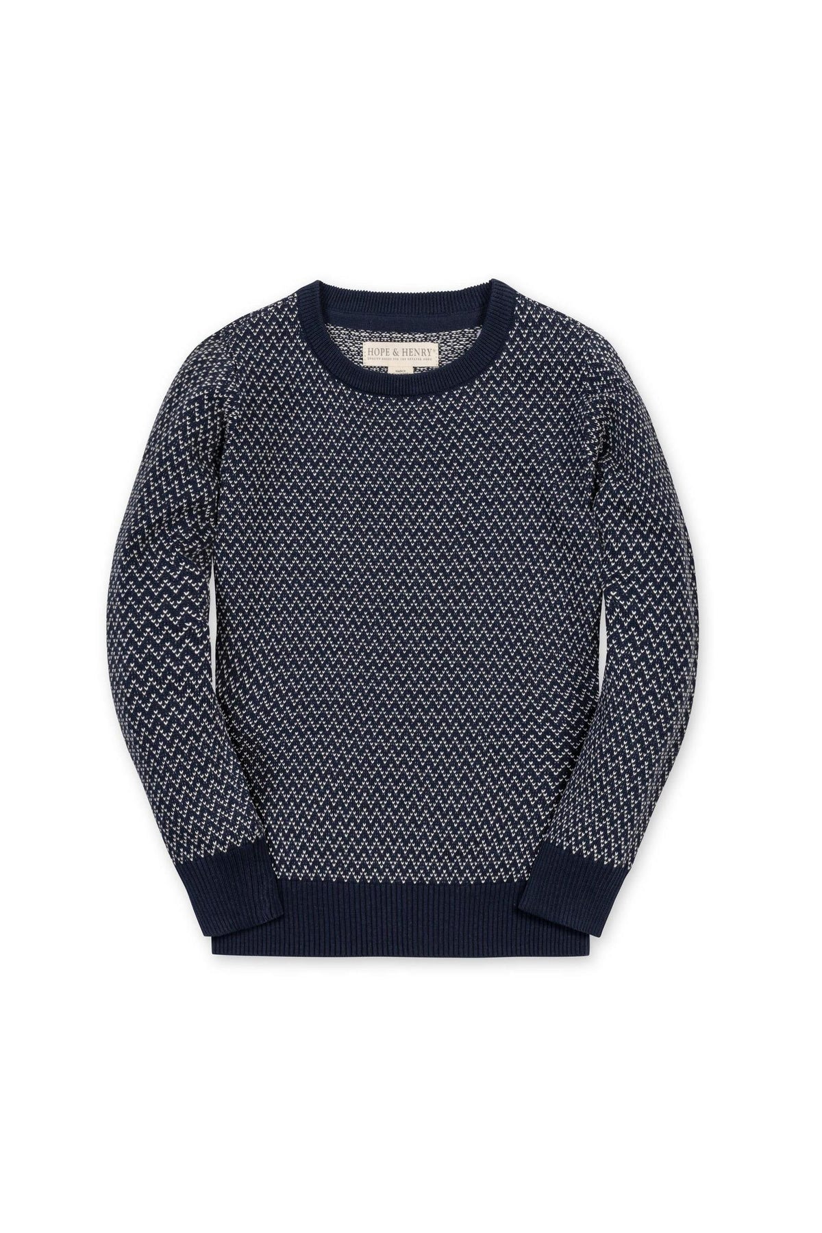 Navy crew neck pullover sweater featuring a distinctive herringbone birdseye knit pattern. Made from 100% GOTS Certified organic cotton, suitable for boys sizes 2T to 18/20.