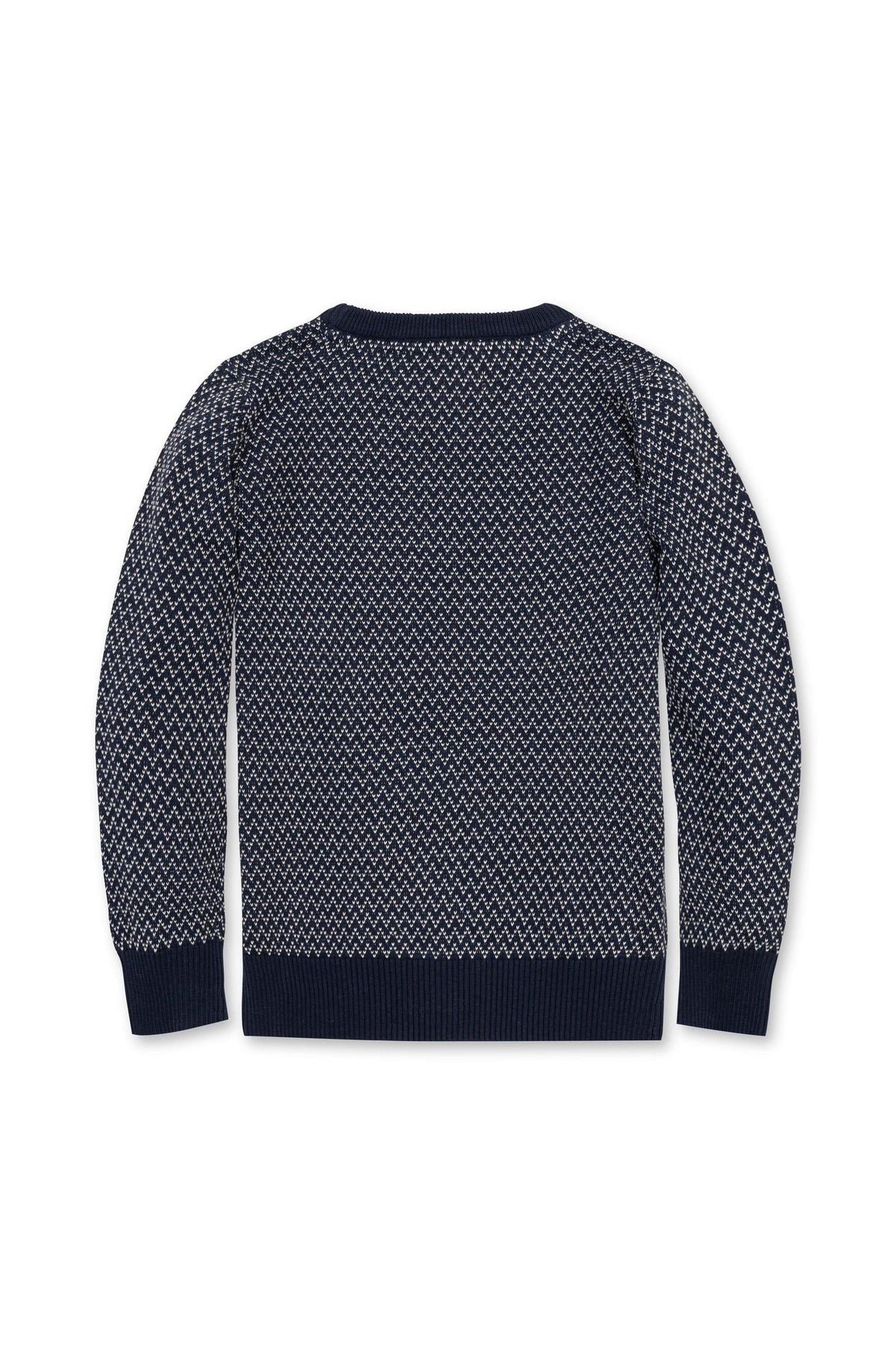 Back view of a navy crew neck pullover sweater featuring a herringbone birdseye knit pattern. Made from 100% GOTS Certified organic cotton, its designed for boys sizes 2T to 18/20.