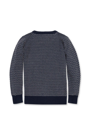 Back view of a navy crew neck pullover sweater featuring a herringbone birdseye knit pattern. Made from 100% GOTS Certified organic cotton, its designed for boys sizes 2T to 18/20.
