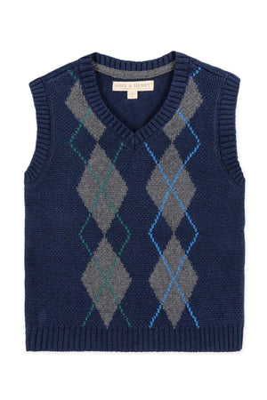 Navy and gray argyle sweater vest made from soft organic cotton, designed for boys sizes 2T to 18/20. Ideal for school or special occasions, showcasing a classic, timeless style.