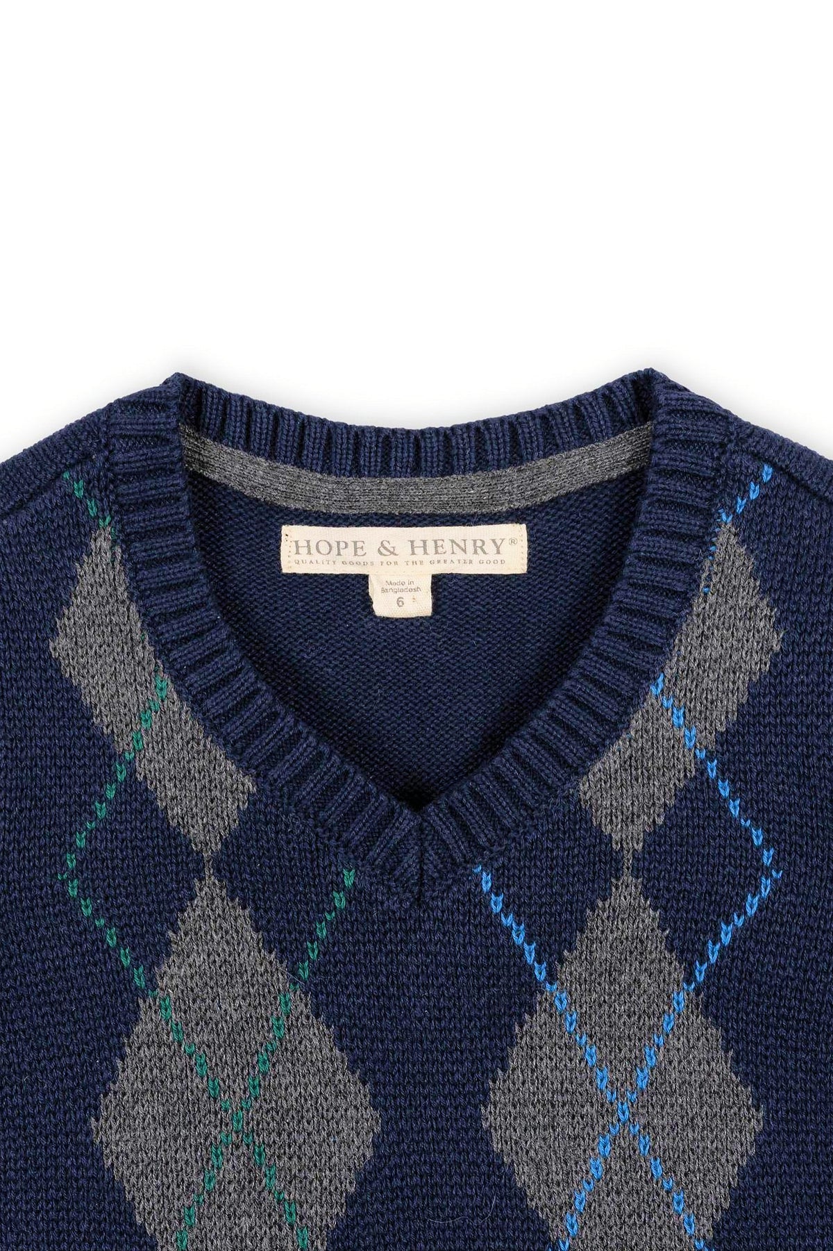 Navy and gray argyle sweater vest from Hope & Henry, featuring a V-neck design. Made from soft organic cotton, its ideal for boys sizes 2T to 18/20.
