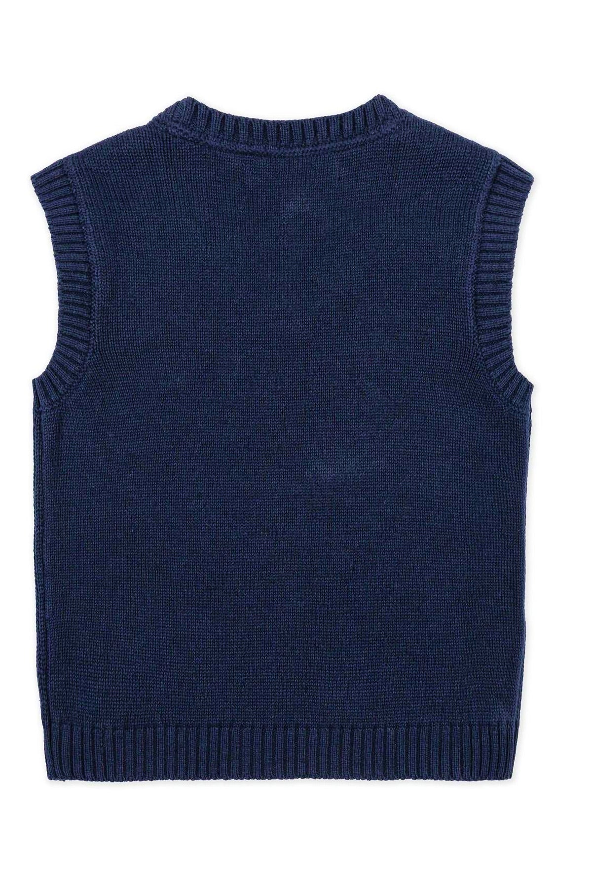 Back view of Navy and gray argyle sweater vest from Hope & Henry, featuring a V-neck design. Made from soft organic cotton, its ideal for boys sizes 2T to 18/20.