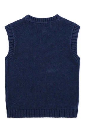 Back view of Navy and gray argyle sweater vest from Hope & Henry, featuring a V-neck design. Made from soft organic cotton, its ideal for boys sizes 2T to 18/20.