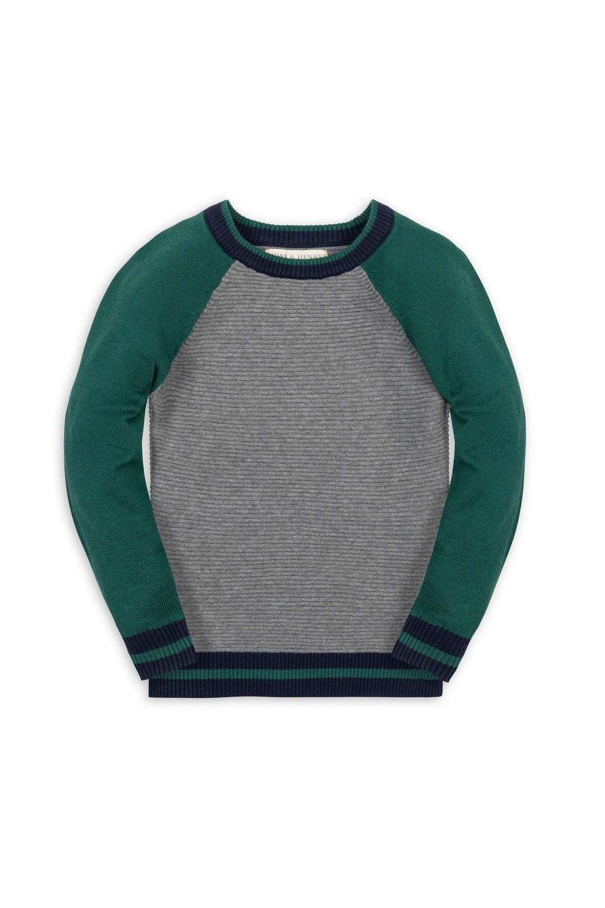 Gray and green organic cotton raglan sweater featuring color-blocked sleeves and a classic crew neck. Designed for boys in sizes 2T to 18/20, it offers a stylish, comfortable fit.