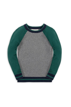 Gray and green organic cotton raglan sweater featuring color-blocked sleeves and a classic crew neck. Designed for boys in sizes 2T to 18/20, it offers a stylish, comfortable fit.