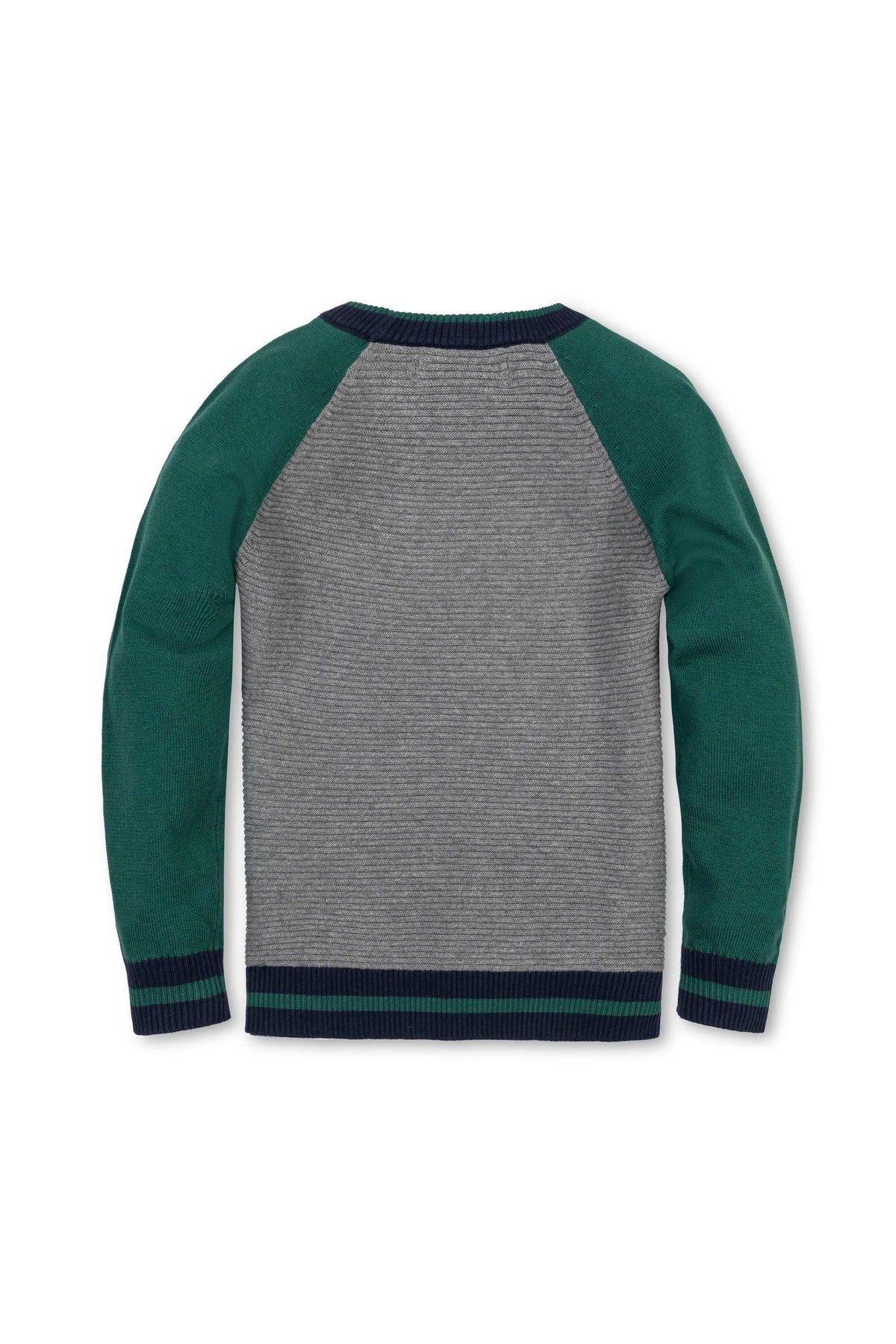 Back view of a boys organic cotton raglan sweater featuring gray and green color blocking, with a fine gauge knit and ribbed cuffs, designed for sizes 2T to 18/20.