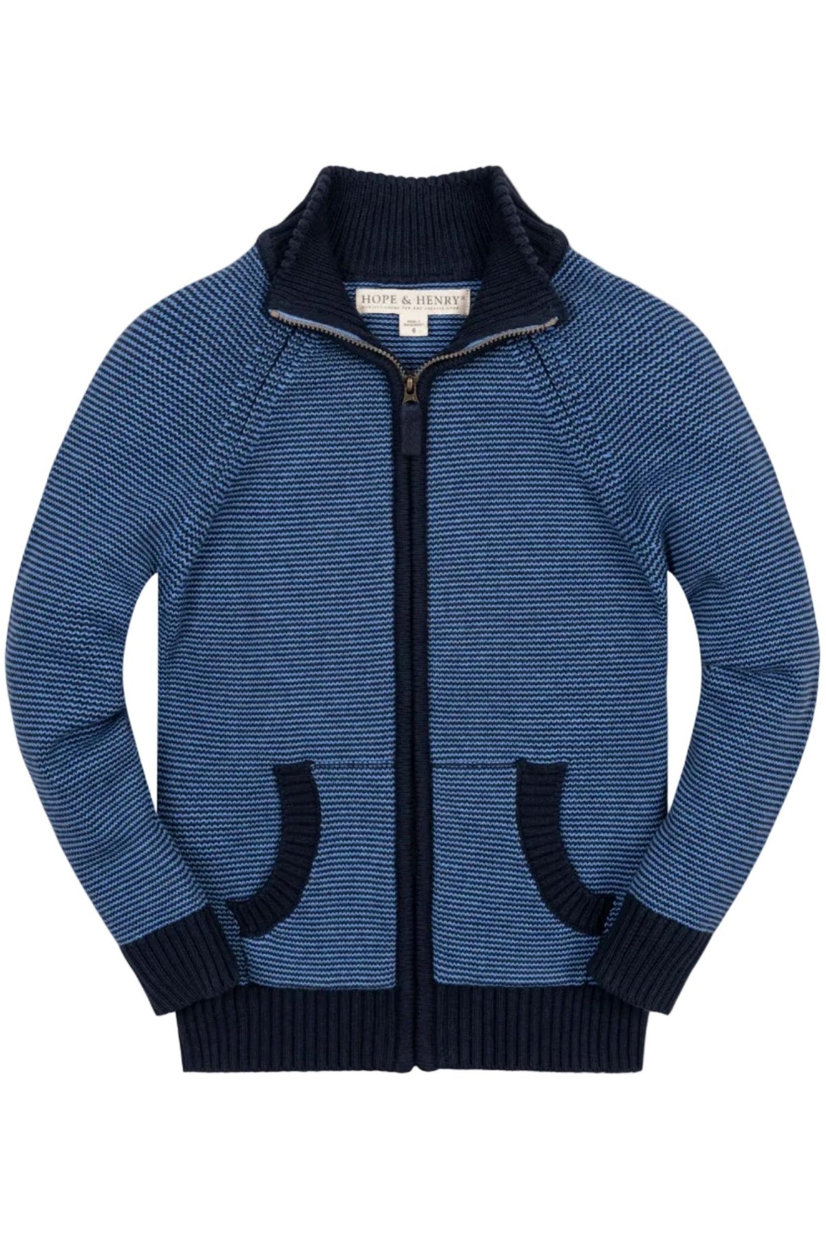 A blue organic cotton full zip mock neck sweater features a ribbed trim and raglan sleeves, with front kanga pockets. Ideal layering piece for boys, sizes 2T to 18/20.