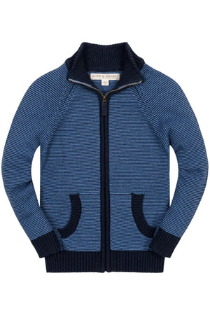 A blue organic cotton full zip mock neck sweater features a ribbed trim and raglan sleeves, with front kanga pockets. Ideal layering piece for boys, sizes 2T to 18/20.