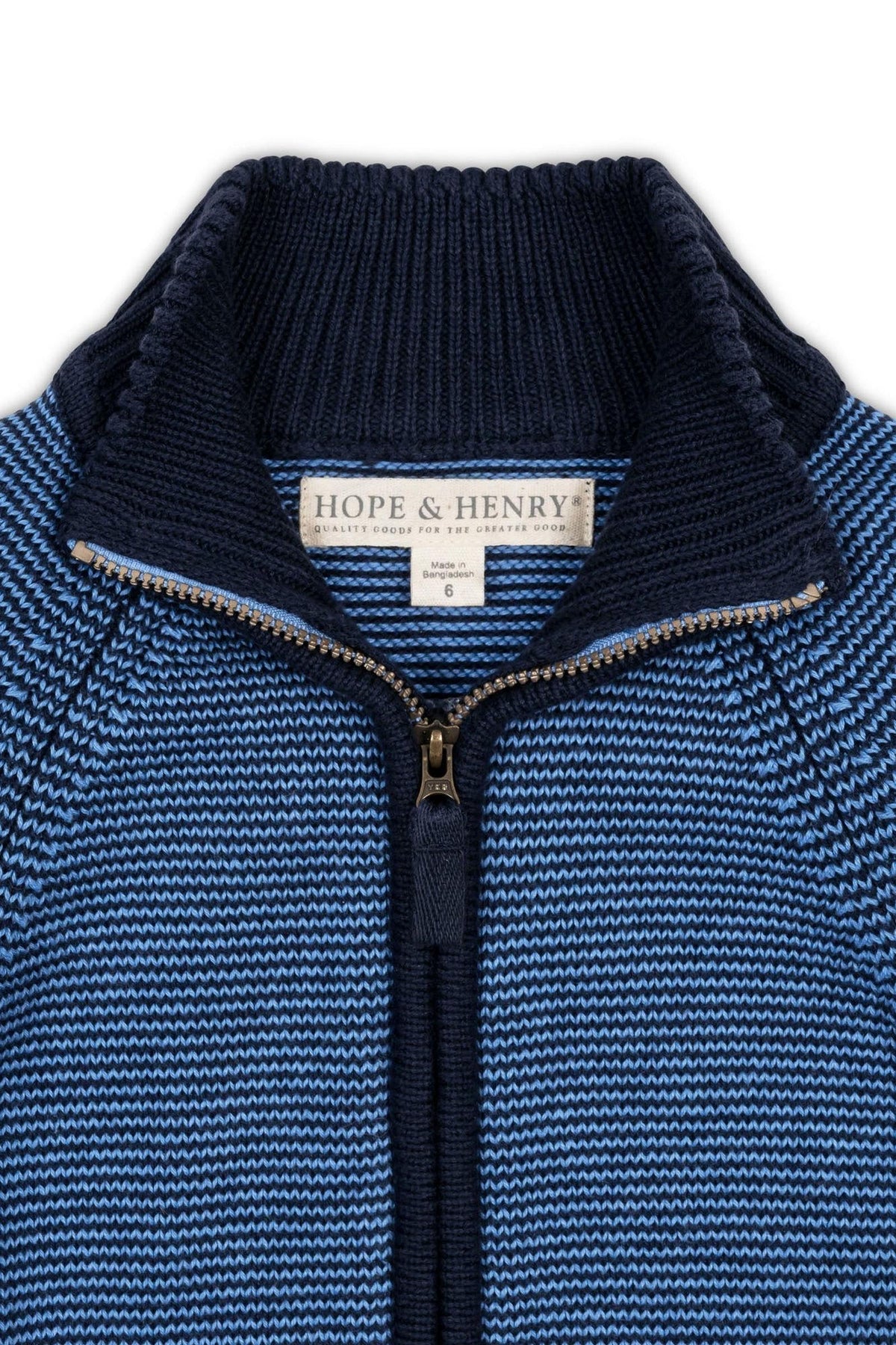 Close-up view of a blue organic cotton sweater by Hope & Henry, featuring a full zip mock neck and a textured knit pattern, ideal for boys sizes 2T to 18/20.