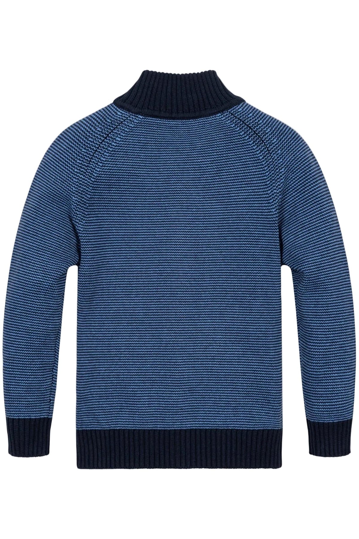 Back view of a blue striped organic cotton mock neck sweater with ribbed trim and raglan sleeves, designed for boys in sizes 2T to 18/20. Ideal for layering in fall.