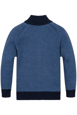 Back view of a blue striped organic cotton mock neck sweater with ribbed trim and raglan sleeves, designed for boys in sizes 2T to 18/20. Ideal for layering in fall.
