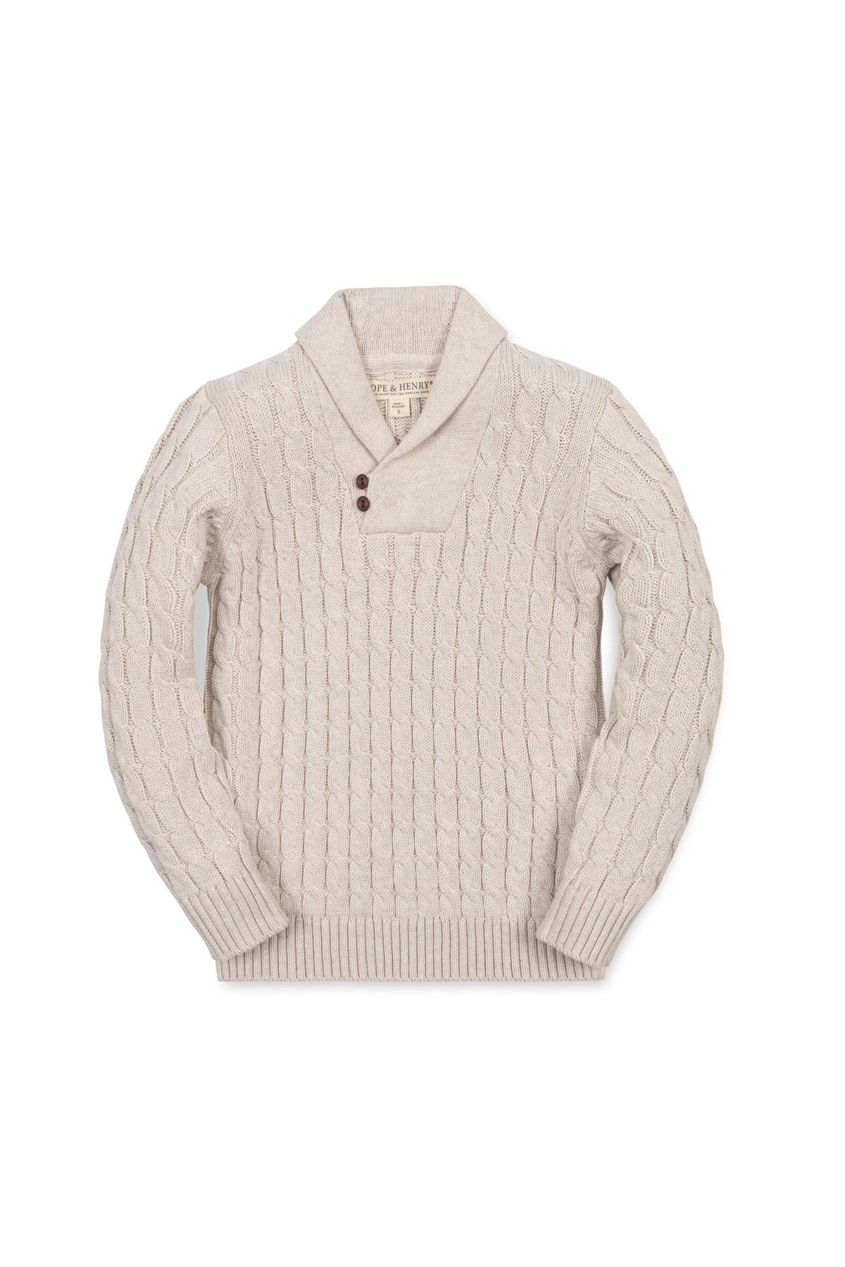 Light oatmeal organic cotton shawl collar cable sweater featuring a button closure and a classic cable knit design, ideal for boys aged 2T to 18. Perfect for cozy layering.