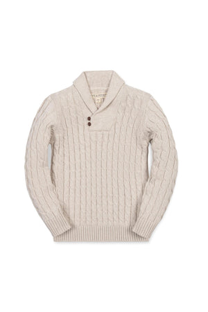 Light oatmeal organic cotton shawl collar cable sweater featuring a button closure and a classic cable knit design, ideal for boys aged 2T to 18. Perfect for cozy layering.