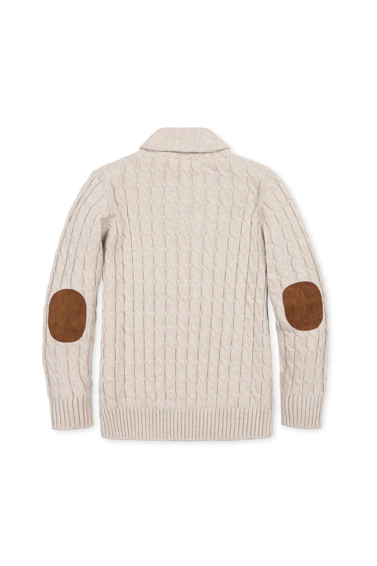 Back view of a light oatmeal organic cotton shawl collar cable sweater featuring a textured knit pattern and brown suede elbow patches, designed for boys aged 2T-18.