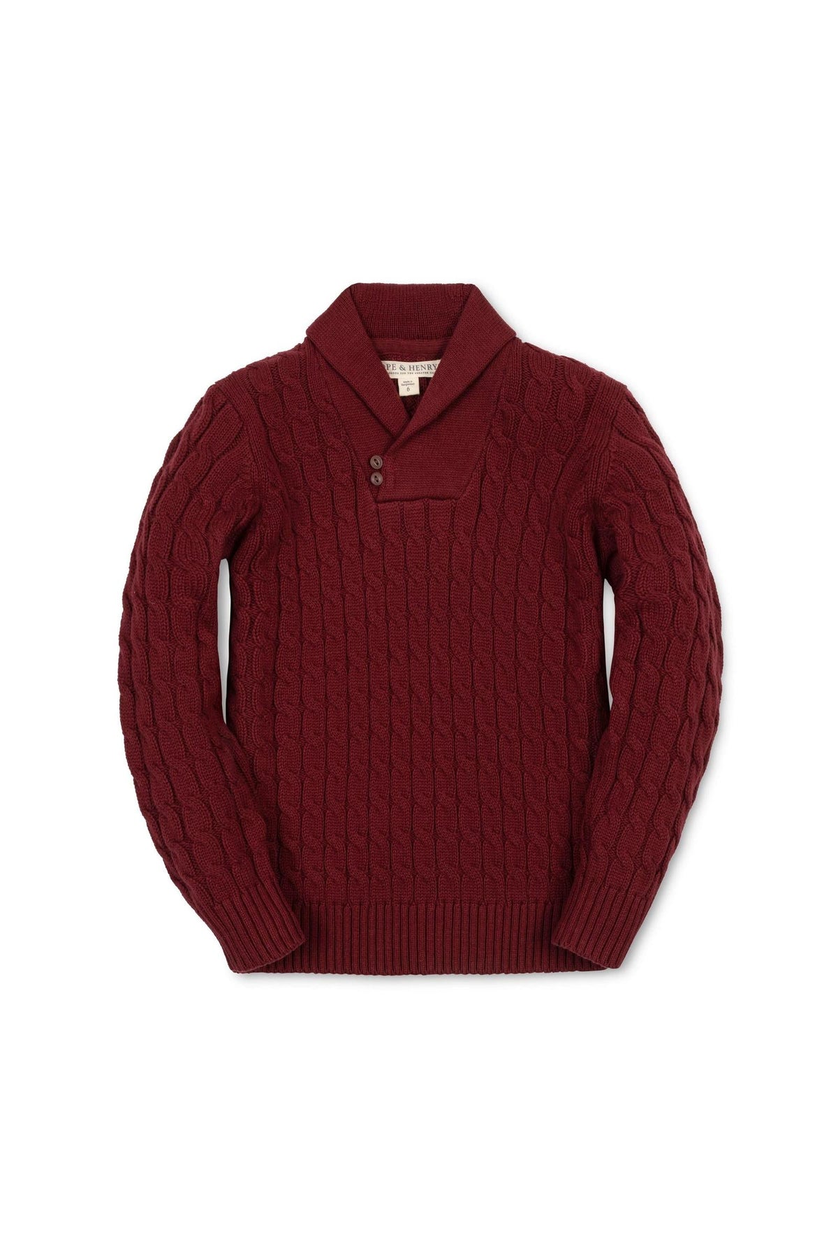 A cozy oxblood shawl collar sweater featuring a classic cable knit design and button closure, made from soft organic cotton, suitable for boys aged 2T to 18.