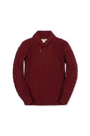 A cozy oxblood shawl collar sweater featuring a classic cable knit design and button closure, made from soft organic cotton, suitable for boys aged 2T to 18.