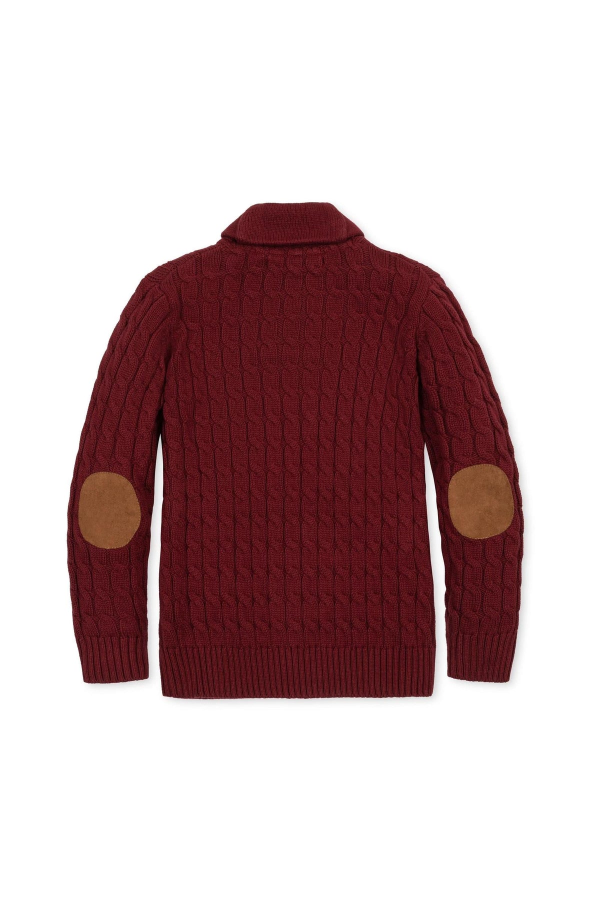 Back view of an organic cotton shawl collar cable sweater in oxblood red, featuring a textured cable knit pattern and brown suede elbow patches, suitable for ages 2T to 18.