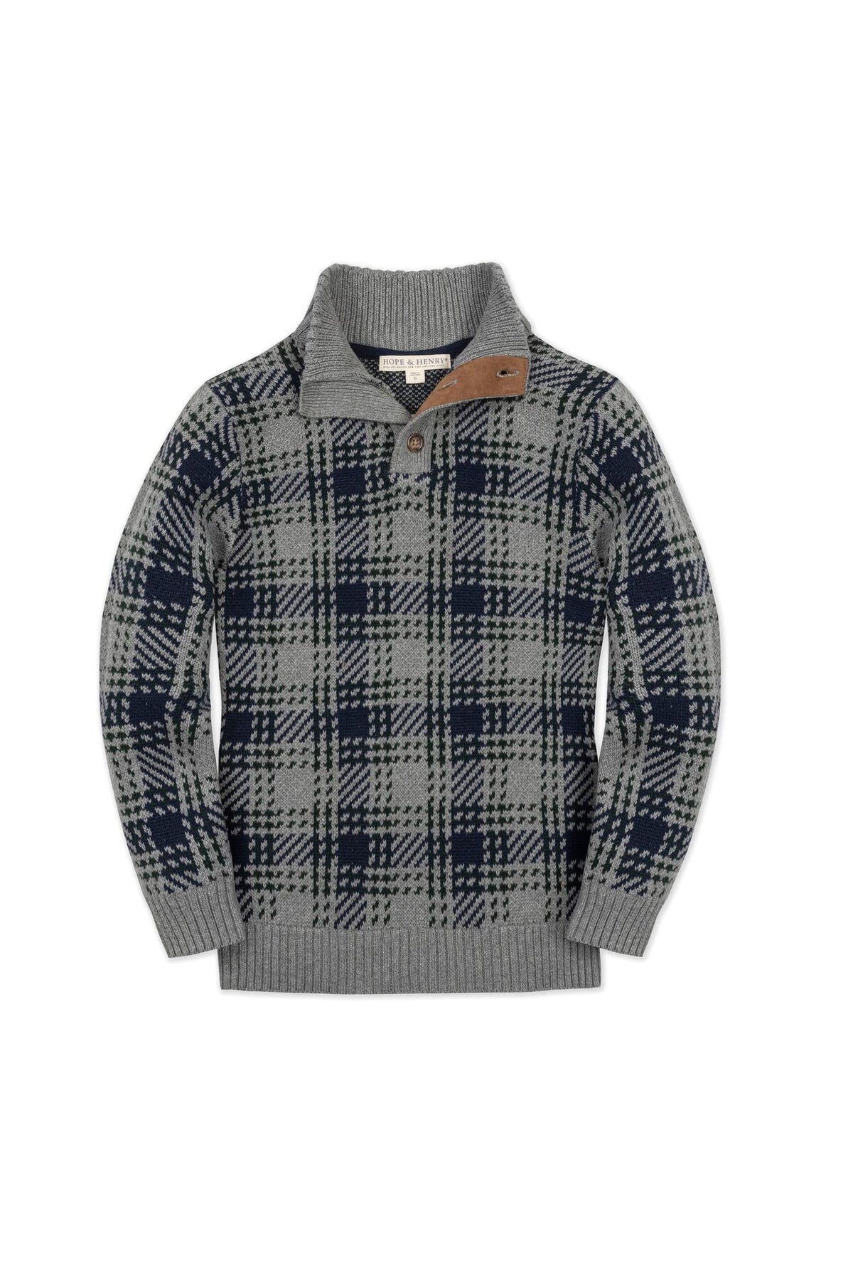 Gray mock neck sweater featuring a distinctive navy plaid pattern and a button detail, made from 100% organic cotton, suitable for boys’ sizes 2T to 18/20.