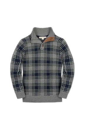 Gray mock neck sweater featuring a distinctive navy plaid pattern and a button detail, made from 100% organic cotton, suitable for boys’ sizes 2T to 18/20.