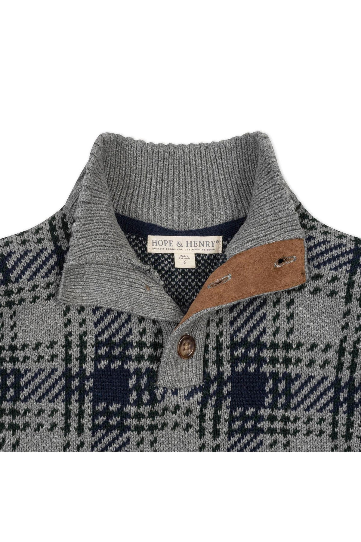 Gray mock neck sweater by Hope & Henry features a distinctive check pattern with navy accents and a tan suede patch.
