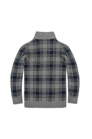A gray mock neck sweater features a classic plaid design in navy and lighter gray tones. Made from 100% organic cotton, it’s suitable for boys sizes 2T to 18/20.
