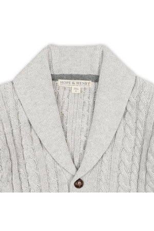 A light gray shawl collar cardigan from Hope & Henry features a textured cable knit design with a single button closure.