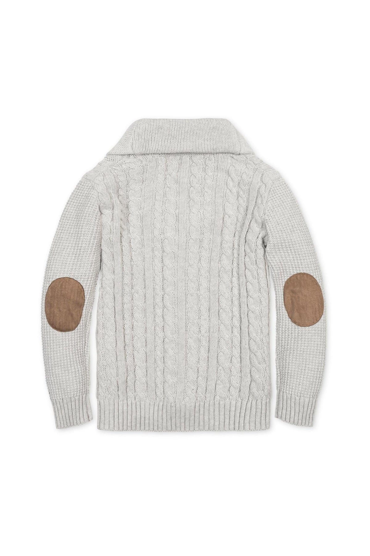 Light gray organic cotton cardigan featuring a refined shawl collar and cable knit texture, with brown elbow patches for added style. Ideal for boys aged 2T to 18/20.