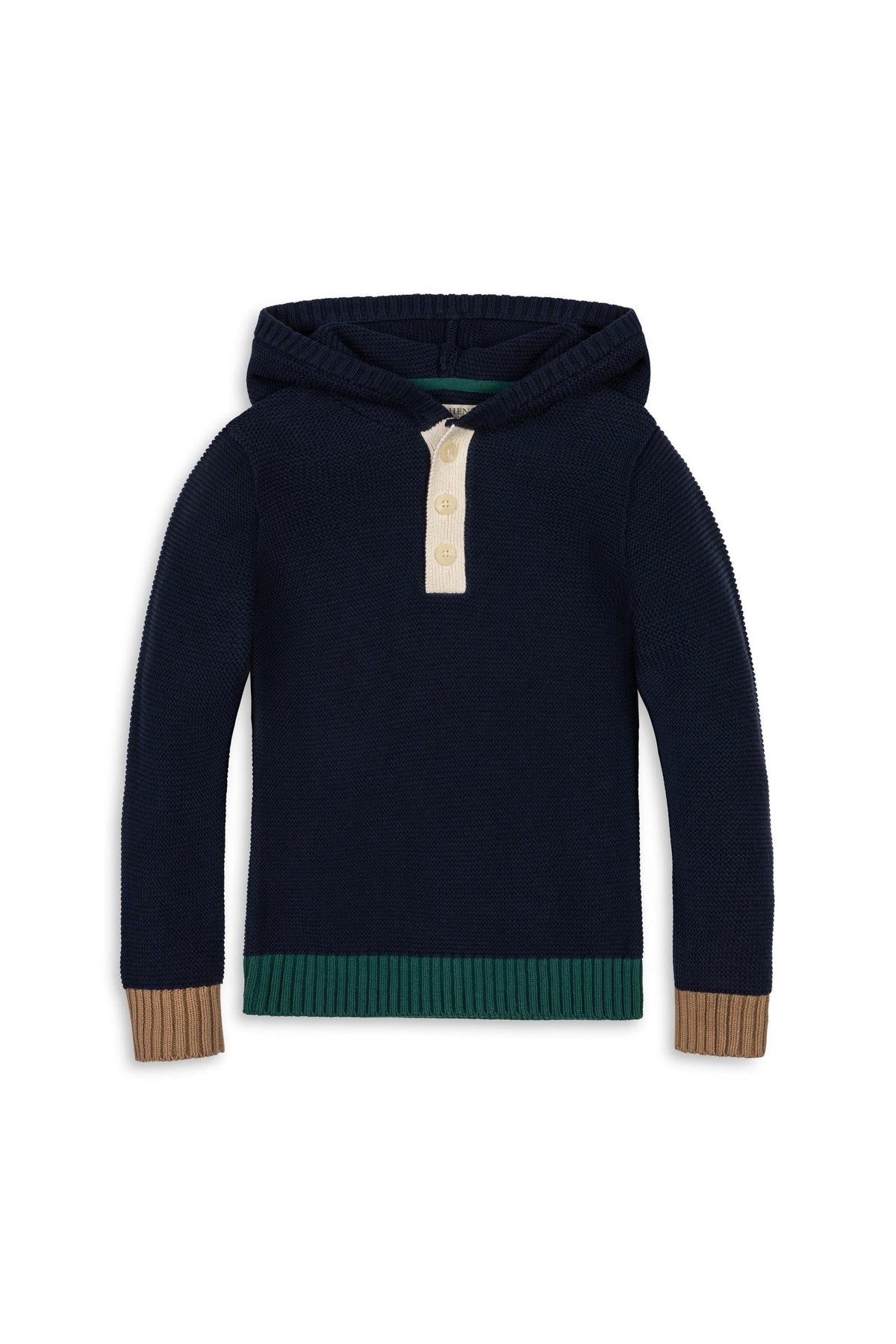 Navy organic cotton Henley sweater hoodie featuring a cream button placket and ribbed green and tan accents. Designed for boys sizes 2T to 18/20, this piece combines style and comfort.