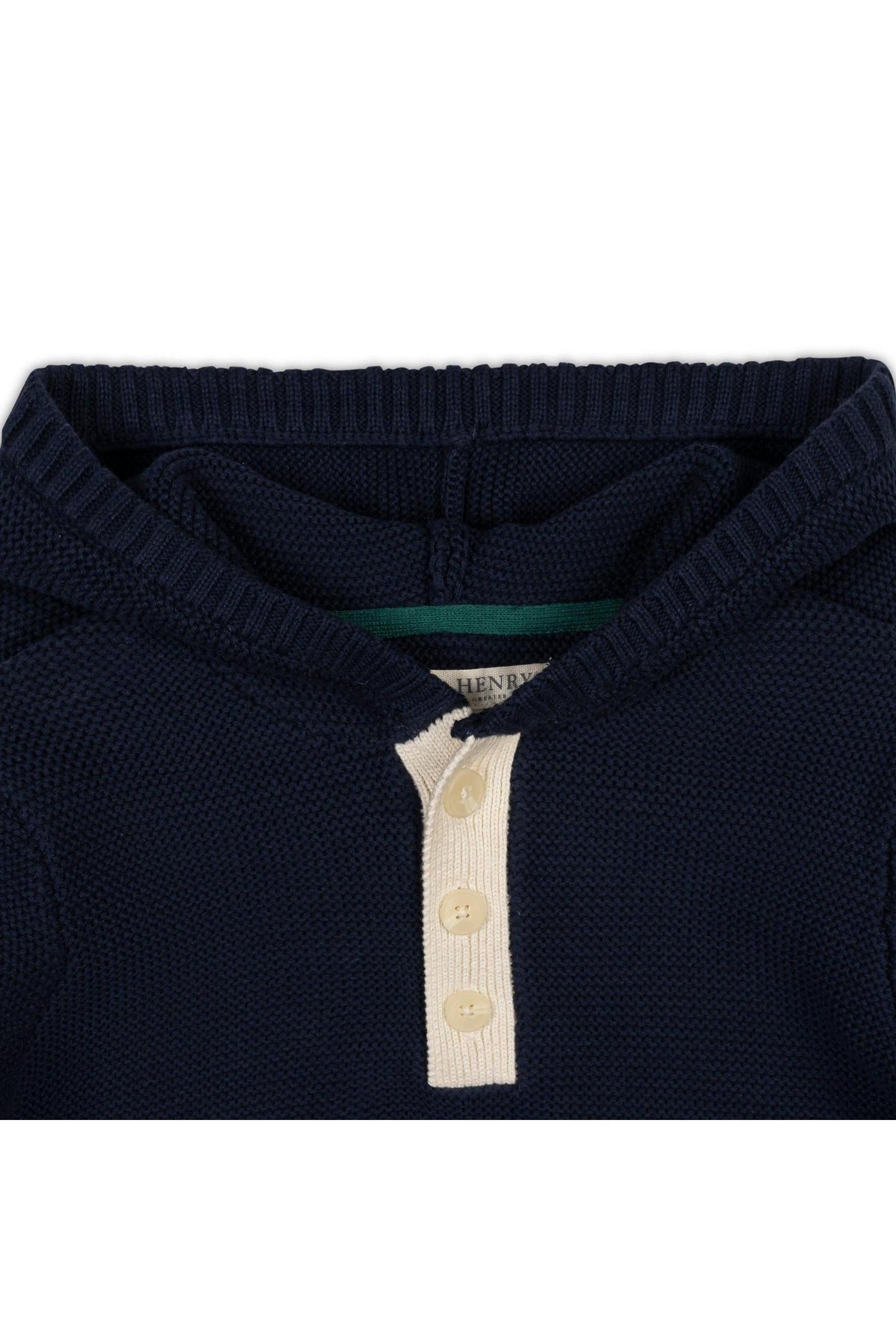 Navy organic cotton Henley sweater hoodie featuring a classic design with a cream-colored button placket. Ideal for boys aged 2T to 18/20, it offers cozy, breathable comfort.