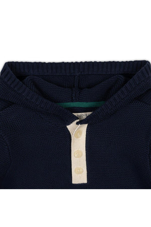 Navy organic cotton Henley sweater hoodie featuring a classic design with a cream-colored button placket. Ideal for boys aged 2T to 18/20, it offers cozy, breathable comfort.