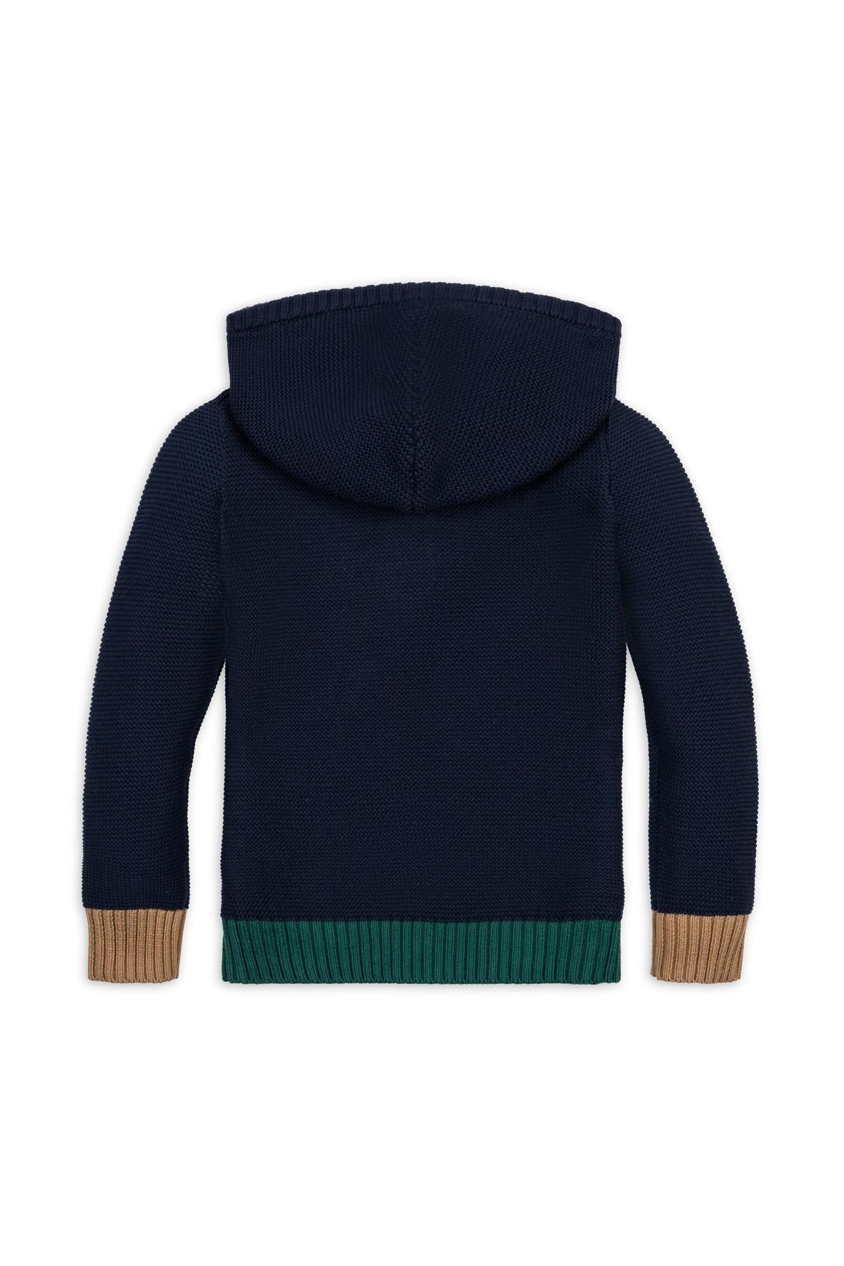 Back view of a navy organic cotton Henley sweater hoodie featuring a textured knit design, with contrasting green and brown ribbed cuffs and hem, suitable for boys ages 2T to.