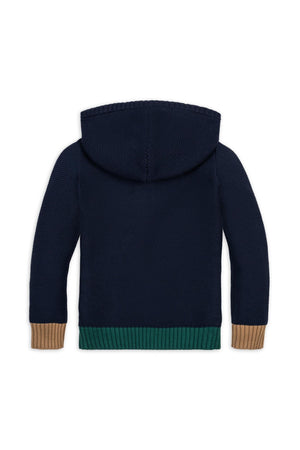 Back view of a navy organic cotton Henley sweater hoodie featuring a textured knit design, with contrasting green and brown ribbed cuffs and hem, suitable for boys ages 2T to.