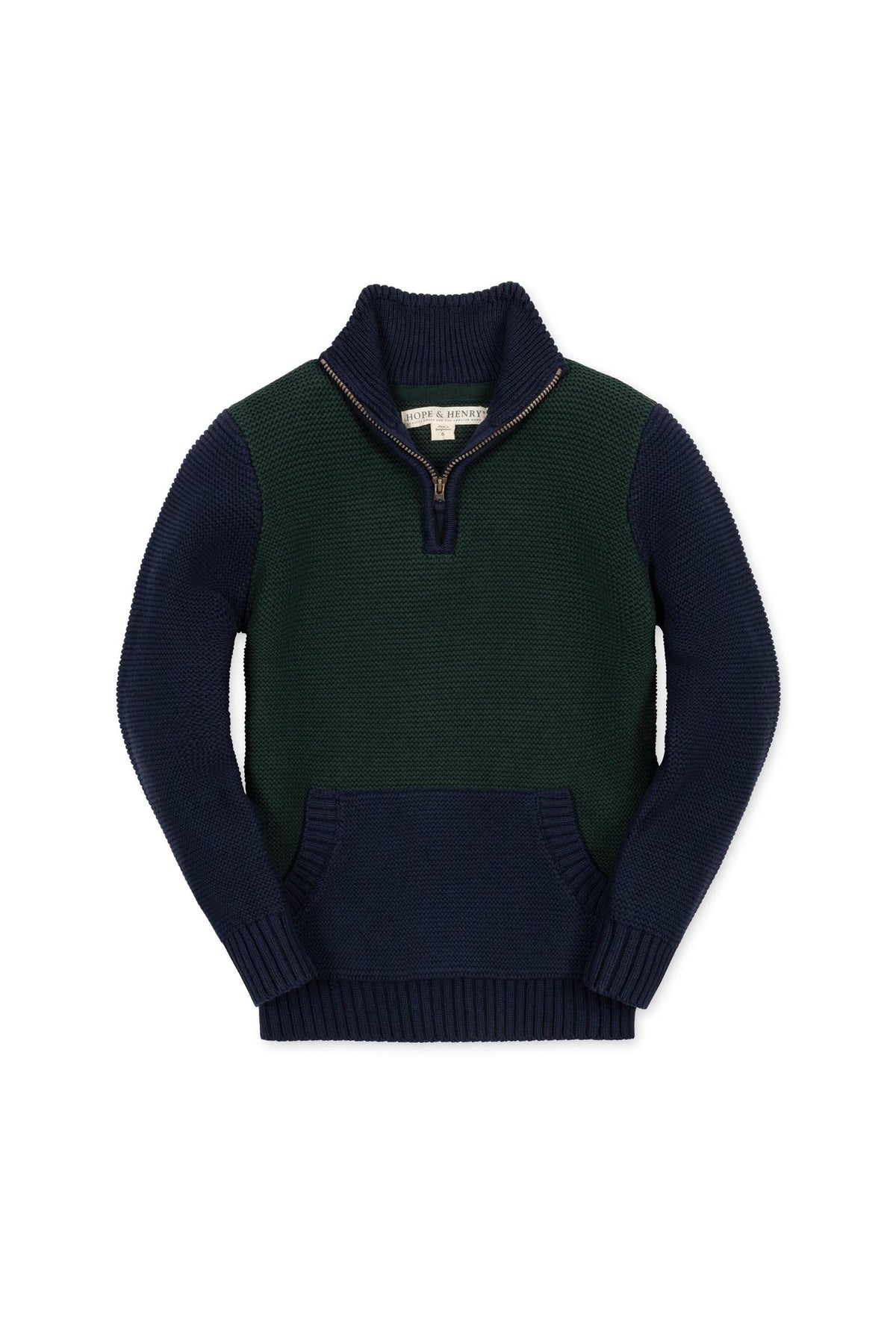 Organic cotton half-zip sweater in navy and green, featuring a mock neck and front pocket. This stylish garment is suitable for boys aged 2T to 18/20, emphasizing comfort and sustainability.