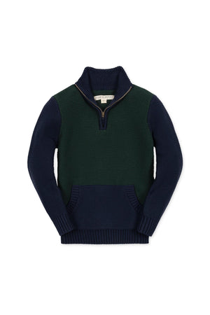 Organic cotton half-zip sweater in navy and green, featuring a mock neck and front pocket. This stylish garment is suitable for boys aged 2T to 18/20, emphasizing comfort and sustainability.
