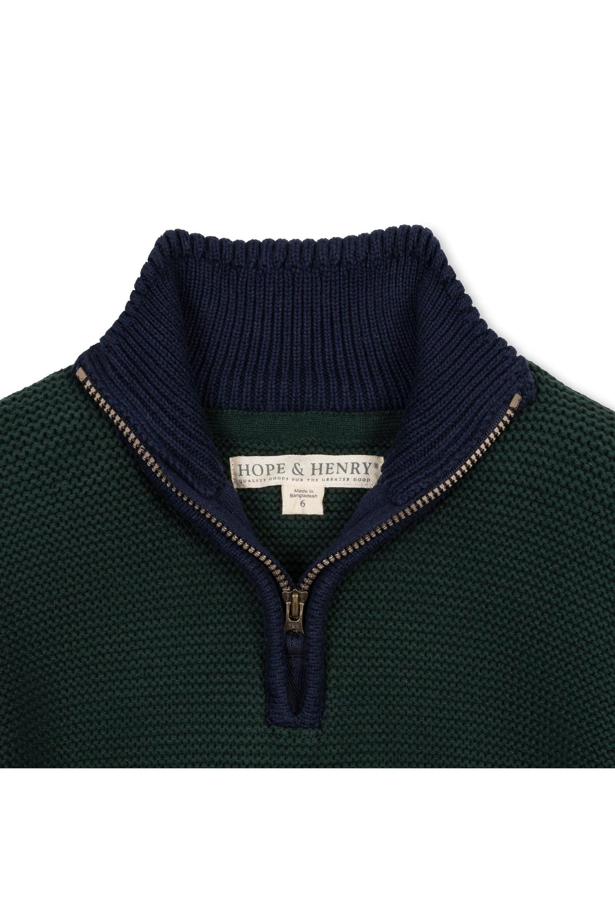 Close-up view of a navy and green half zip sweater with a mock neck, featuring a textured knit design.