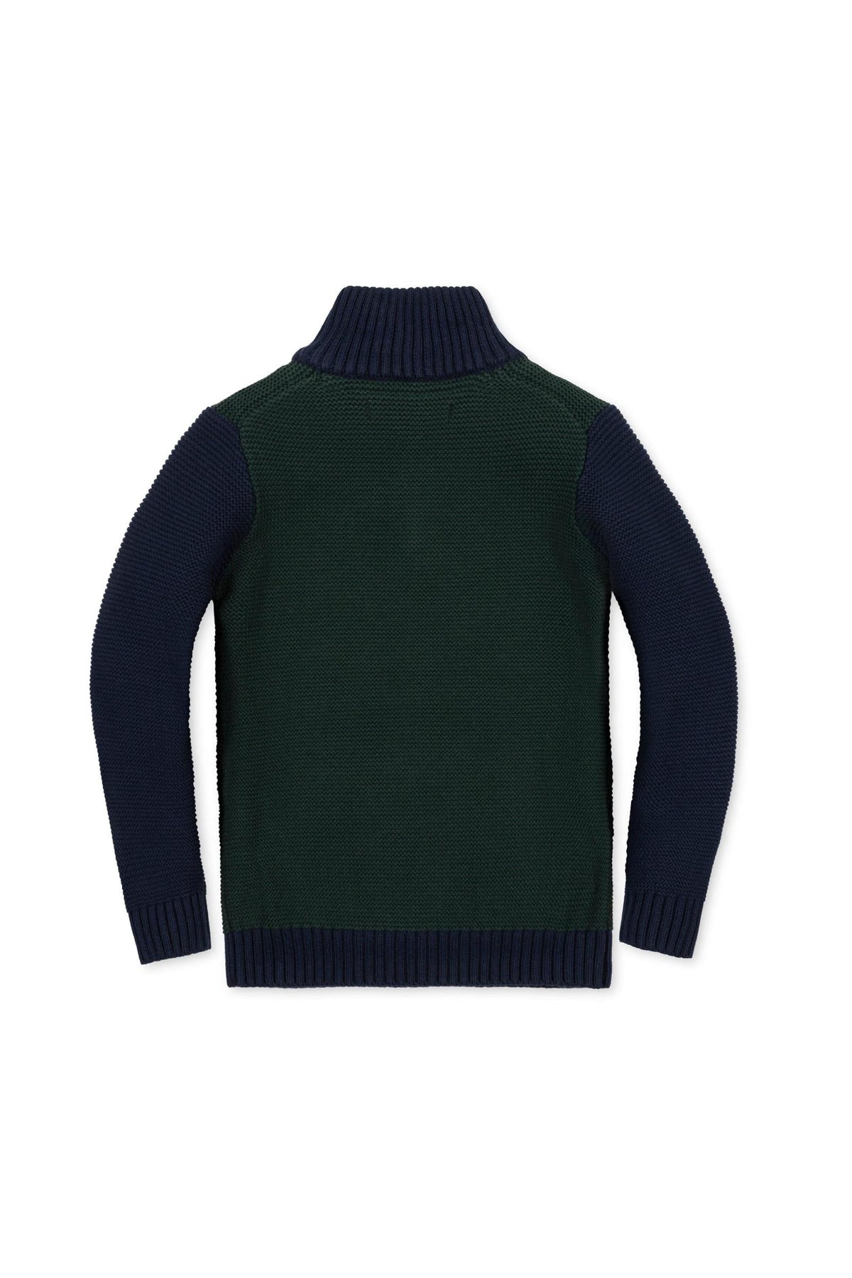 Back view of the Organic Cotton Half Zip Kanga Sweater, featuring a navy and green color combination. This soft, sustainable sweater is designed for boys in sizes 2T to 18/20.