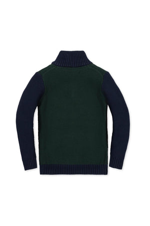 Back view of the Organic Cotton Half Zip Kanga Sweater, featuring a navy and green color combination. This soft, sustainable sweater is designed for boys in sizes 2T to 18/20.