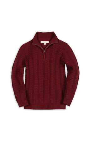 A classic oxblood cable knit sweater featuring a half zip design. Made from 100% organic cotton, this cozy piece is perfect for boys aged 2T to 18/20.
