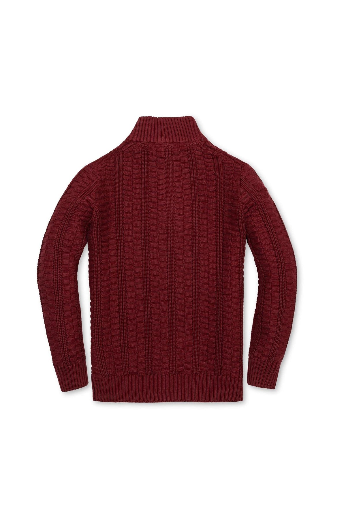 Back view of a classic oxblood cable knit sweater, designed for boys aged 2T to 18/20, made from 100% organic cotton for sustainable comfort and warmth.
