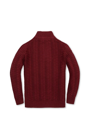 Back view of a classic oxblood cable knit sweater, designed for boys aged 2T to 18/20, made from 100% organic cotton for sustainable comfort and warmth.
