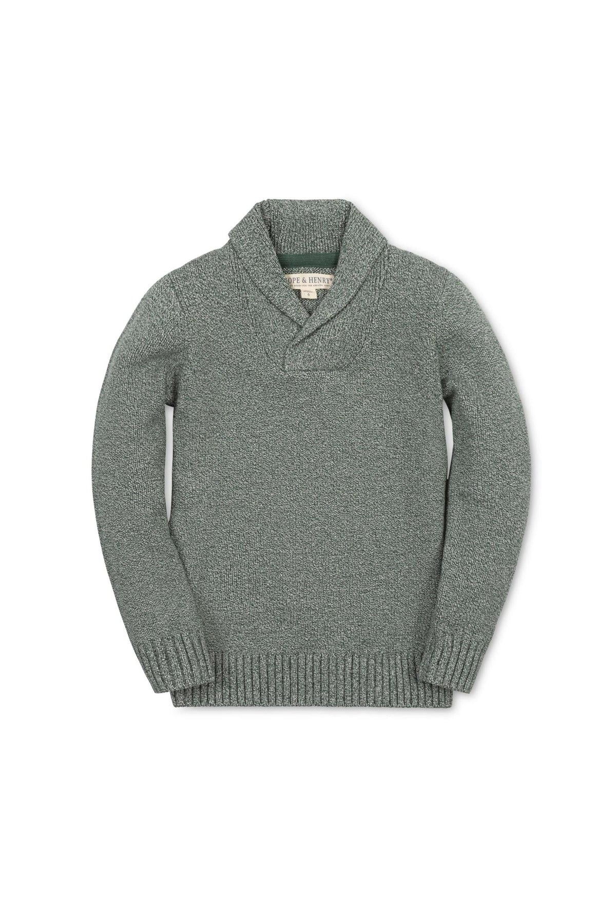 A green shawl collar sweater made from 100% organic cotton, featuring a textured knit and ribbed cuffs, designed for boys in sizes 2T to 18/20.
