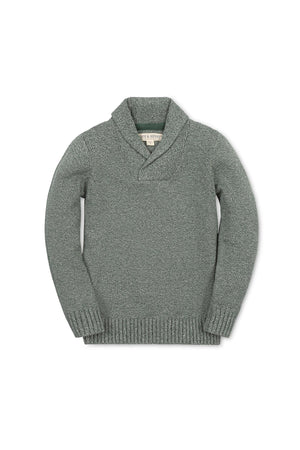 A green shawl collar sweater made from 100% organic cotton, featuring a textured knit and ribbed cuffs, designed for boys in sizes 2T to 18/20.