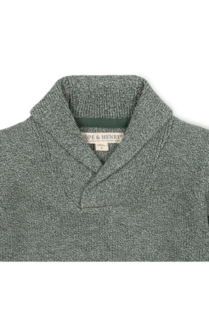 A close-up of a green shawl collar sweater made from organic cotton, featuring a textured knit and the brand label Hope & Henry visible inside the collar.