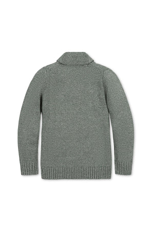 A back view of a soft, green shawl collar sweater made from organic cotton, featuring ribbed cuffs and hem. Ideal for boys sizes 2T to 18/20, showcasing a timeless design.