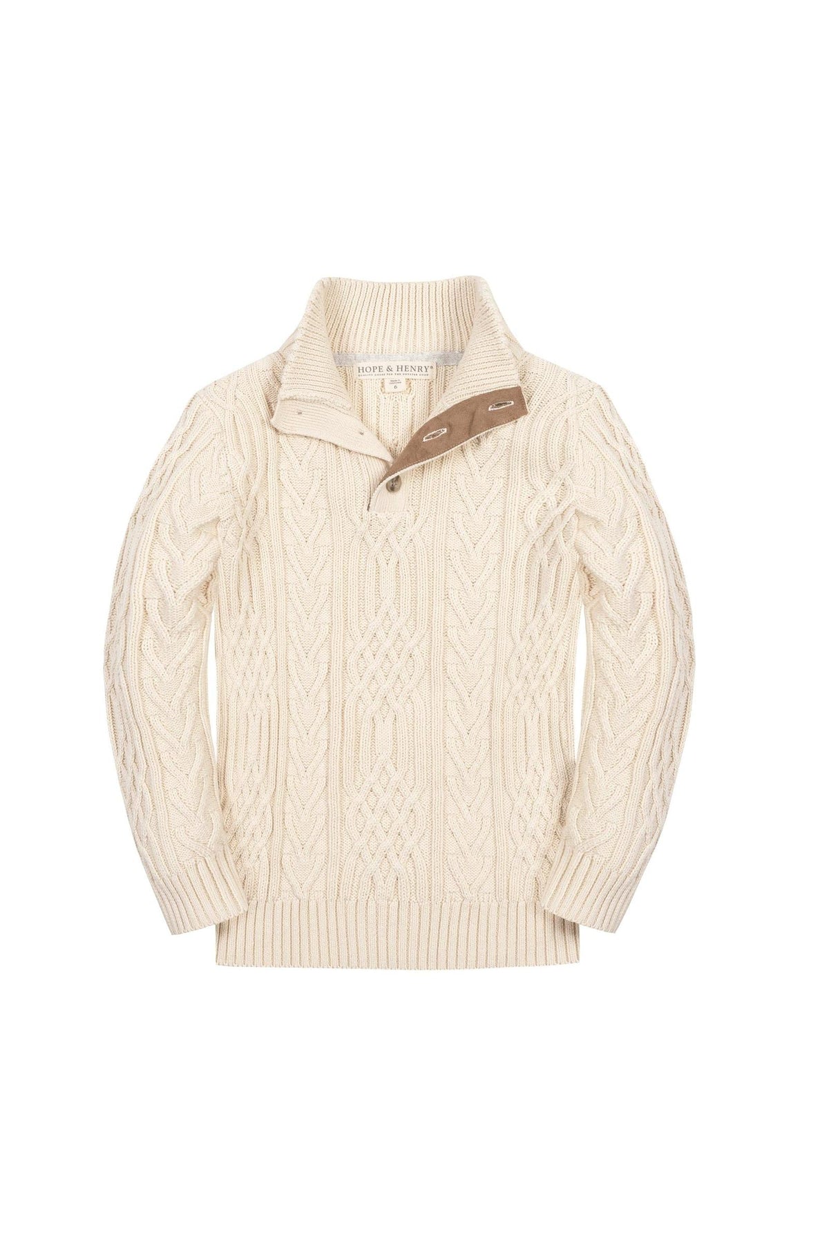Ivory organic cotton mock neck cable sweater featuring a traditional cable knit texture and a button detail. Designed for boys aged 2T to 18/20, it offers timeless style and comfort.