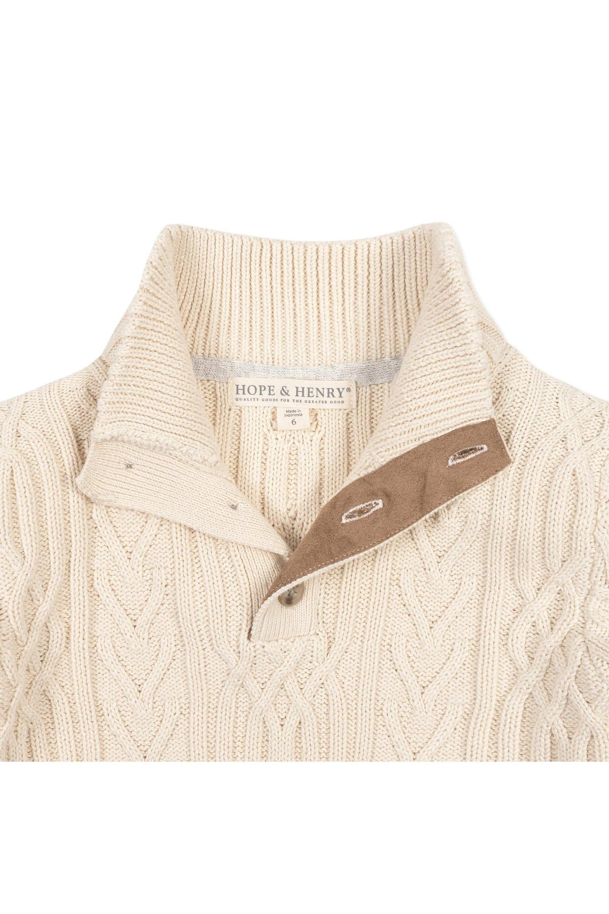 Ivory mock neck cable sweater by Hope & Henry features a soft organic cotton blend. The design includes a textured knit and a stylish collar for a polished look.