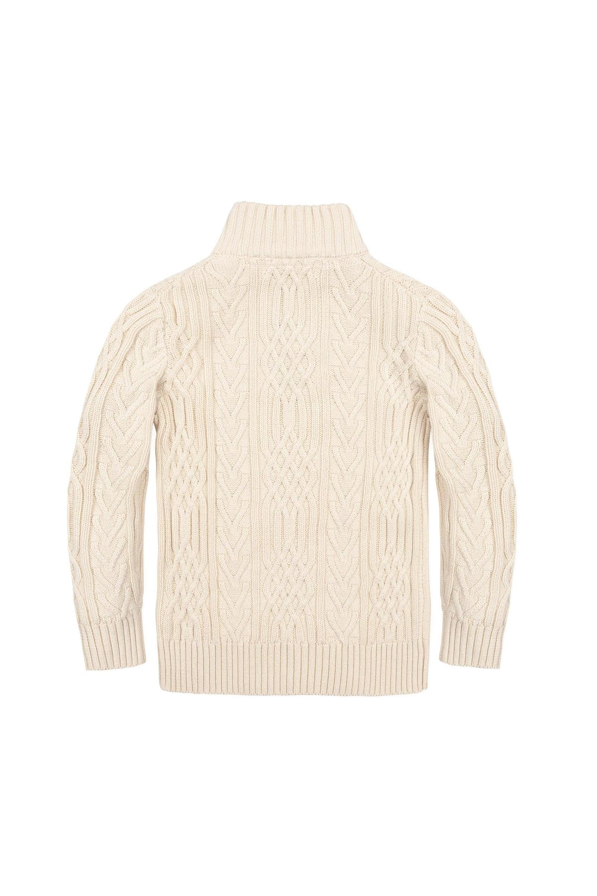 Back view of an ivory organic cotton mock neck cable sweater featuring a traditional cable knit design. Suitable for boys in sizes 2T to 18/20, offering soft and breathable comfort.